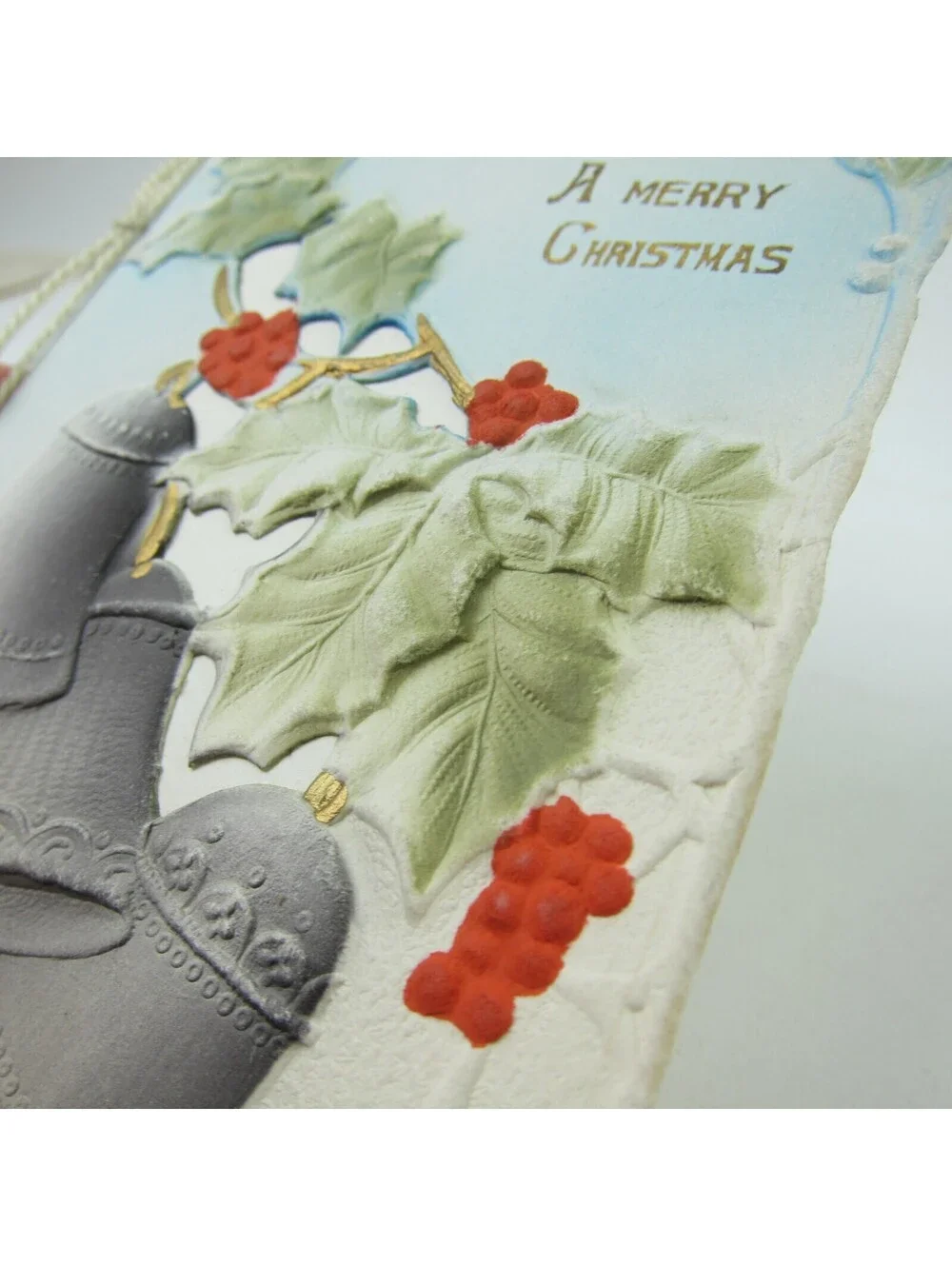 Victorian Card Christmas Die cut Holly Silver Bells 3D Embossed Booklet Antique